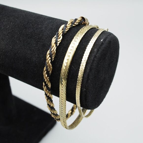 Gold Tone Bracelets Lot of 3 - (2) Herringbone (1) Twist - Picture 1 of 7